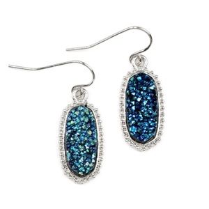 Teal Faux Druzy Stone Oval Hook Back Earrings
